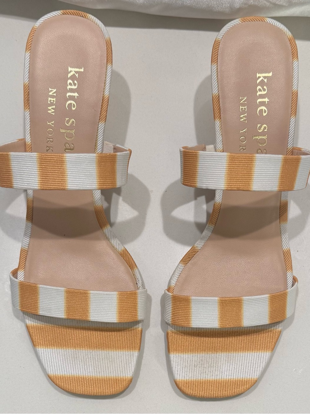 Kate Spade Yellow and White Striped Sandals with LEMON clear heel. - Picture 2 of 6